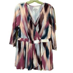 Torrid Super Soft Ikat Surplice Babydoll Women Top Size 1X Multi Knit 3/4 Sleeve